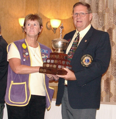 President Pat parks accepting Best Club Trophy District N2 2009-10 from PCC Bob Lyle